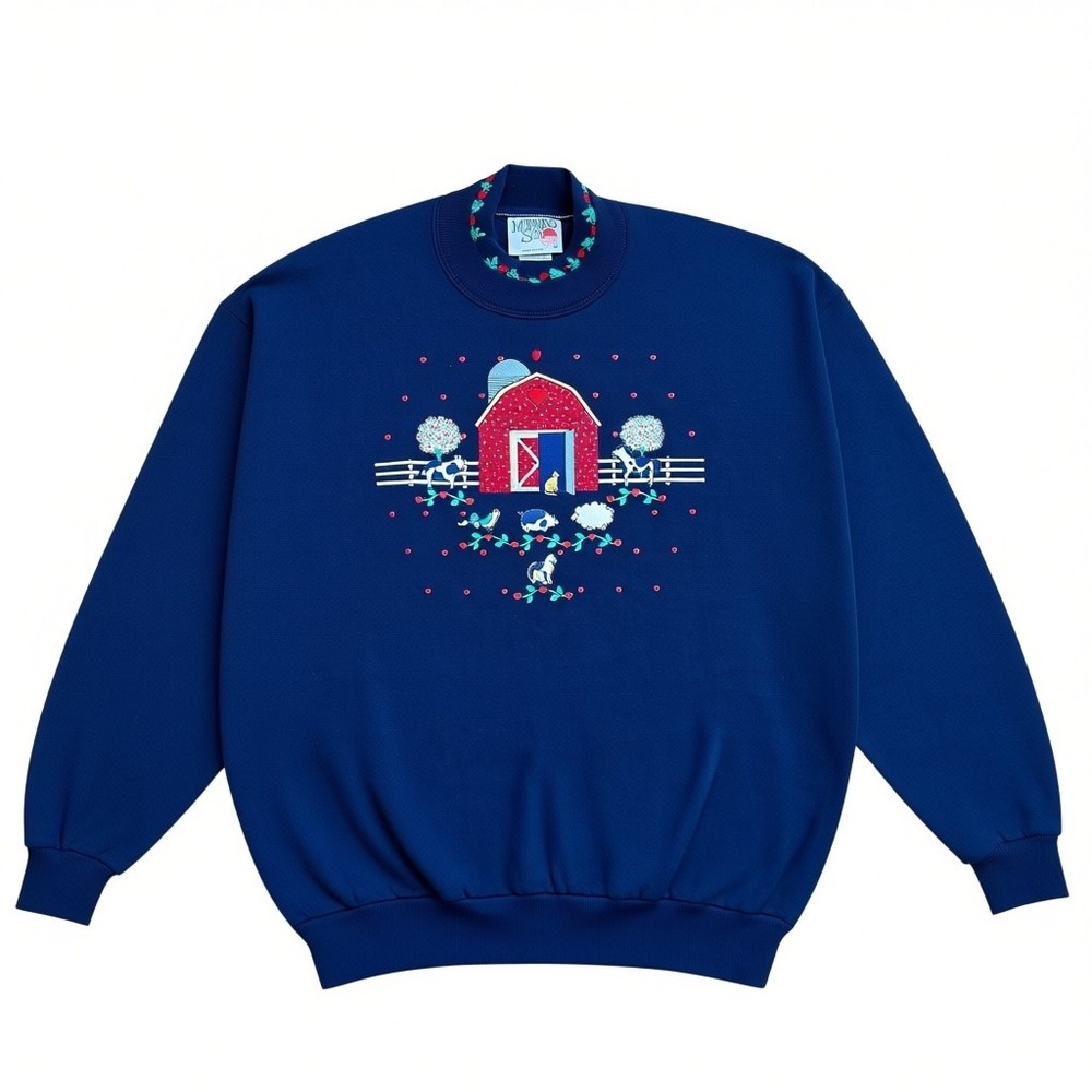 Vintage Morning Sun Jerzees Navy Blue Barn Farm Sweatshirt Womens XL Made in USA